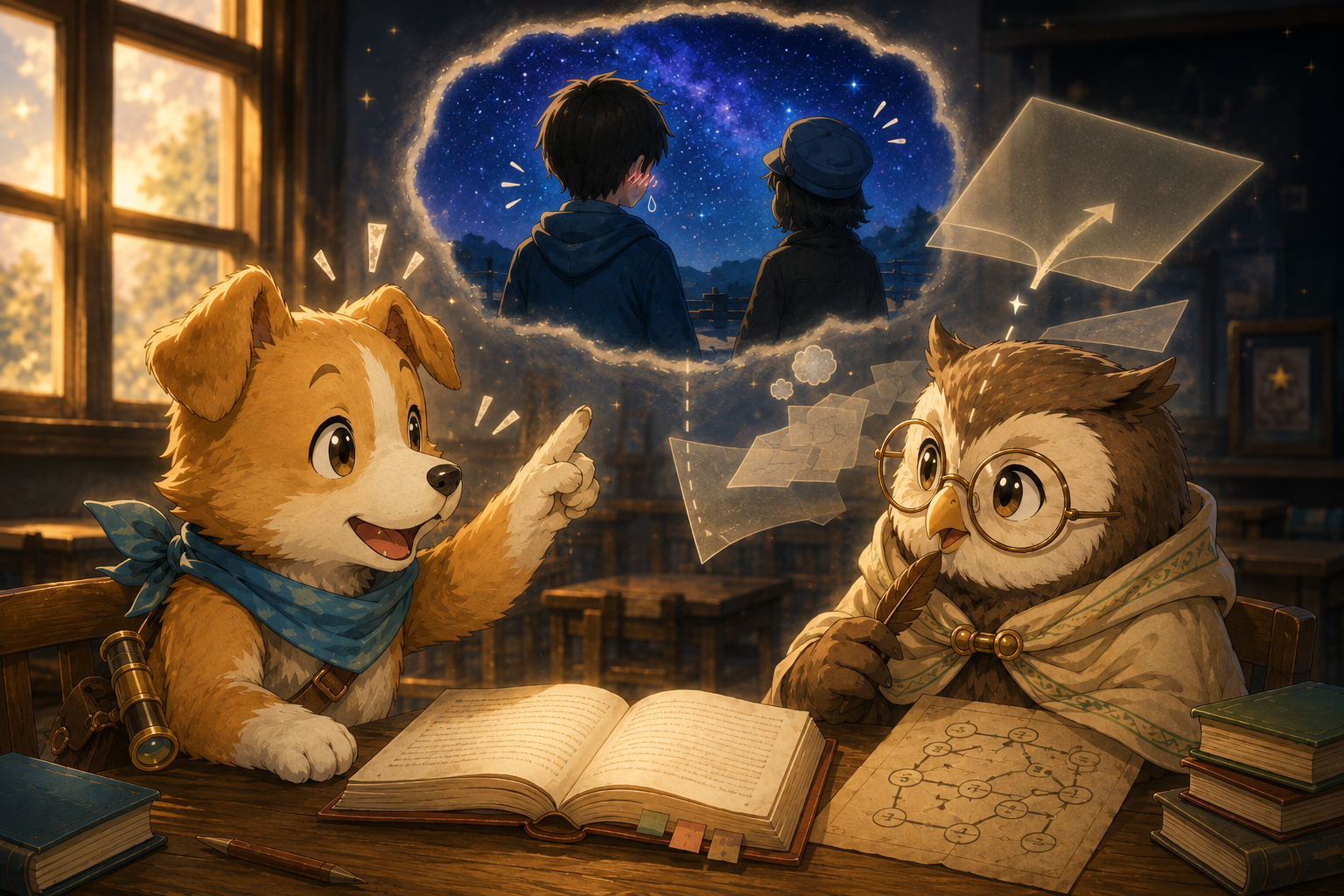 ソラとイオリが『銀河鉄道の夜』の一場面について話している挿絵